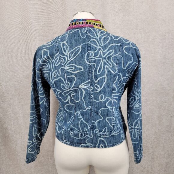 Chico's Blue Jean Denim Jacket with Multicolor Trim Bleached Floral Pattern - Picture 7 of 12